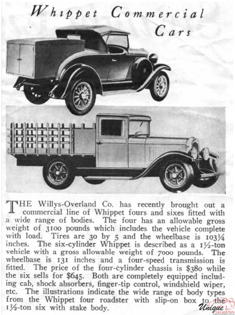 1929 Whippet Commercial Vehicles Brochure Page 1